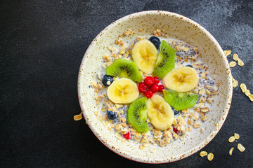 healthy food smoothie bowl, oatmeal, chia seeds and berries (breakfast dish or healthy snack) menu concept. background. top view. copy space