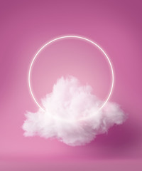Wall Mural - 3d render, white neon ring above fluffy cloud levitating inside the studio. Glowing halo. Blank round frame. Isolated object, pink fashion background, modern design, abstract metaphor.