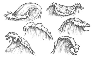 Waves, sea water splashes ocean tide surfs, sketch