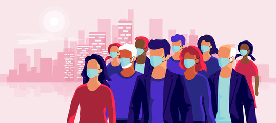 Group of people wearing protection medical face mask to protect and prevent virus, disease, flu, air pollution, contamination. Old man woman child walking. Vector illustration with city skyline.