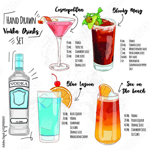 Fotografía hand drawn vodka drinks set of summer cocktails