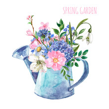 Watercolor Beautiful Floral Bouquet In A Watering Can Illustration, Isolated On White Background. Bunch Of Cute Spring Pink And Blue Flowers, Greenery Leaves. Easter Card, Mothers Day Invitation.