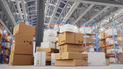 Cardboard boxes in middle of the warehouse, logistic center. Huge modern warehouse. Warehouse filled with cardboard boxes on shelves, boxes stand on pallets. Transportation system, 3D Illustration