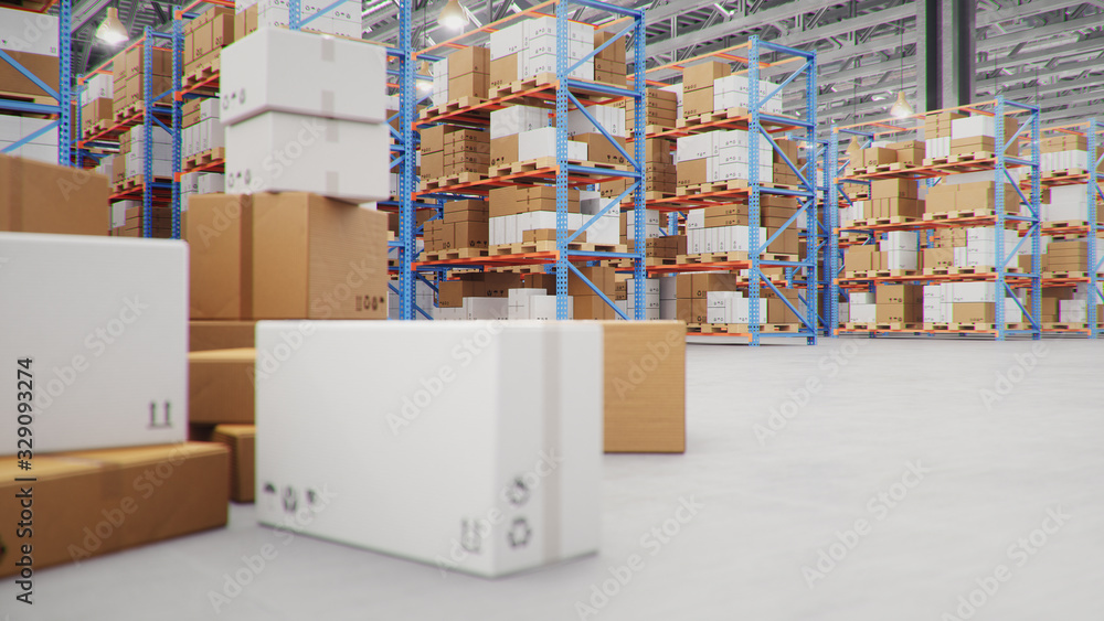 3D Illustration packages delivery, parcels transportation system concept, heap of cardboard boxes in middle of the warehouse. Warehouse with cardboard boxes inside on pallets racks. Huge warehouse. - obrazy, fototapety, plakaty 