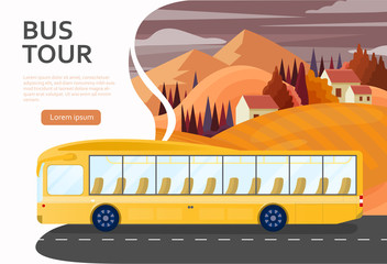 Travel by bus tour poster with a yellow passenger bus on the road in countryside with beautiful hills landscape and cozy houses. Ordering road travel tickets poster concept with copy space. Vector