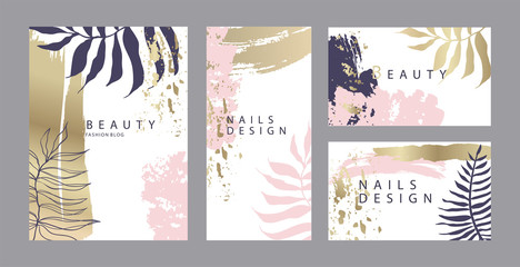 Set of gentle design templates cards for beauty salon or wedding invitation with pastel pink and gold brush strokes