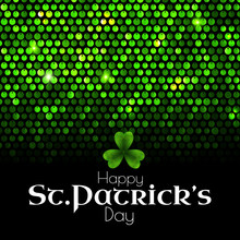 St Patrick S Day Green Sequins Background With Shamrock And Light.
