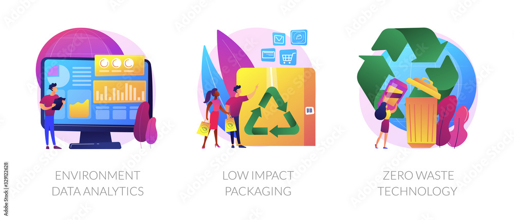 Ecology study and monitoring, sustainable packing, garbage recycling. Environment data analytics, low impact packaging, zero waste technology metaphors. Vector isolated concept metaphor illustrations - obrazy, fototapety, plakaty 