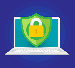Wall Mural - shield icon with padlock on screen laptop, security concept, vector illustration