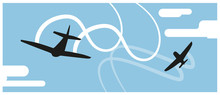 Black Silhouettes Of Jet Airplanes Doing Stunts In The Sky. Transportation, Acrobatics. Vector Illustration.
