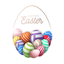 Happy Easter Card With Eggs. Many Beautiful Multi-colored Realistic Eggs Are Laid Out In The Shape Of A Large Egg. Vector Illustration For Easter On Purpe Background.