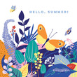 © MySunShine - Beautiful floral background, text Hello Summer. Colorful leaves, flowers, caterpillar and butterflies. Bright cute spring card for invitation, wedding, birthday, holiday. Vector illustration.