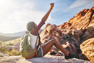 Wall Mural - happy athletic african american woman backpacker sitting near cliff ledge with raised arm cheering a