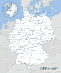  Blue-gray detailed map of Germany with administrative districts and location on the globe. Vector illustration