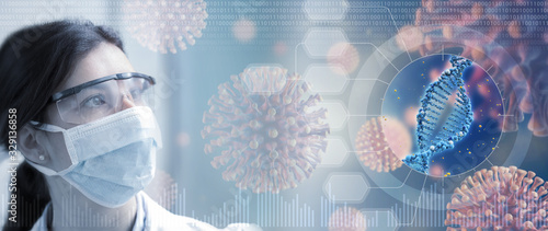 Cuadros en Lienzo woman scientist analyzing the virus genome, concept background