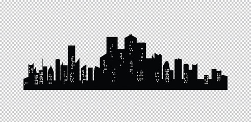 Wall Mural - Cities silhouette icon with windows. Night town on transparent background. Jpeg