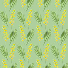 Hand-painted yellow mimosa flowers on green background. Seamless texture for fabric design and wrapping paper. Spring floral pattern