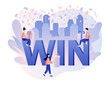 © Marta Sher - WIN text on falling down confetti background. Congrats winner. You Win Concept. Tiny people with gifts. Modern flat cartoon style. Vector illustration on white background