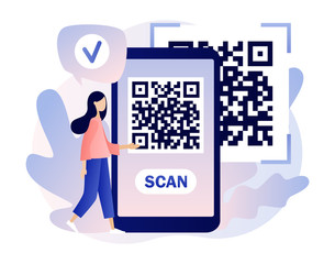 QR Code scanning concept. Tiny girl scan code using smartphone. Modern flat cartoon style. Vector illustration on white background