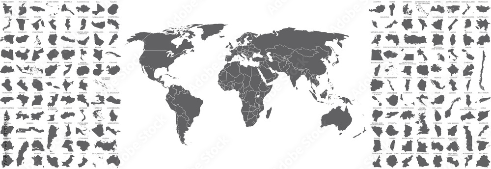 big set of countries maps and world map with countries borders - obrazy, fototapety, plakaty 
