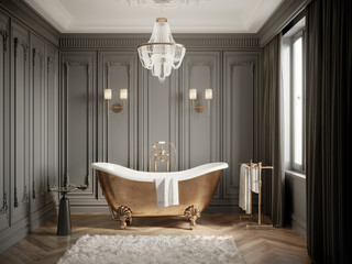 3d Classic luxury chic grey bathroom with moldings on the wall, a brass vintage barhtub and a chandelier