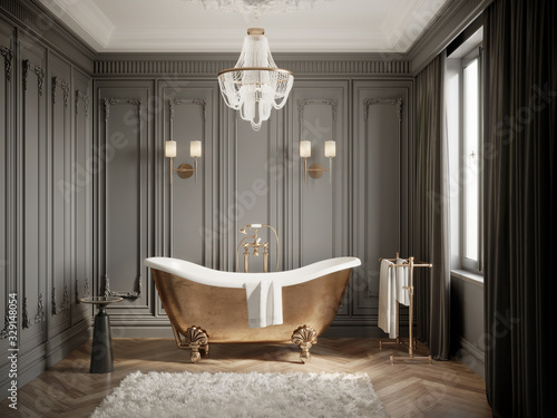 Photographie 3d Classic grey bathtoom with brass vintage barhtub and a chandelier