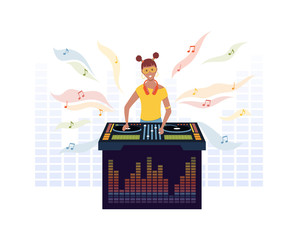 Sticker - Cartoon Color Character Person Female DJ Concept. Vector