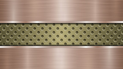 Background of golden perforated metallic surface with holes and two horizontal bronze polished plates with a metal texture, glares and shiny edges