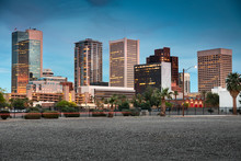 Cityscape Skyline View Of Office Buildings And Apartment Condominiums In Downtown Phoenix Arizona USA