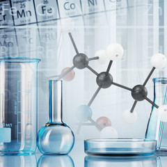 Wall Mural - microscope with lab glassware, science laboratory research and development concept