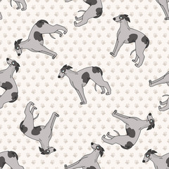 Hand drawn cute greyhouse race dog seamless vector pattern. Purebred pedigree fast puppy domestic pet on background. Dog lover agility dog pet all over print. Kennel Pooch. EPS 10. 