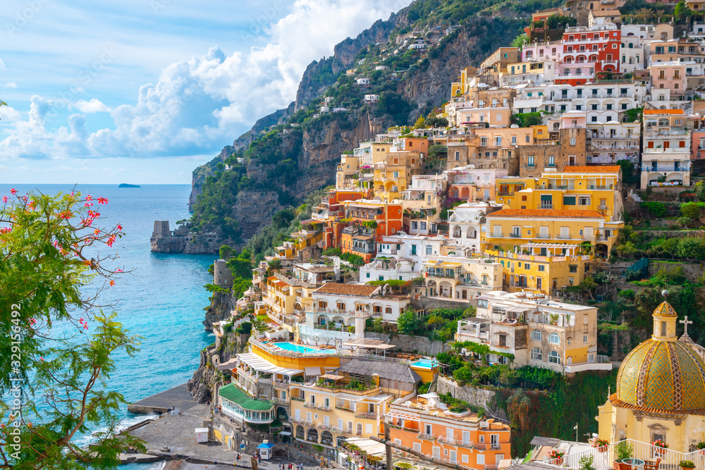 Beautiful Landscape with Positano town at famous amalfi coast, Italy - obrazy, fototapety, plakaty 
