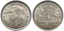 Australia Australian Silver Coin 1 One Florin (two Shillings) 1947, Head Of King George VI Left, Royal Arms, Crowned Shield With Designs Supported By Kangaroo And Ostrich, Date Below,