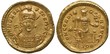 Ancient Roman Empire golden coin solidus 408-423 AD, armored and helmeted bust of Emperor Honorius 3/4 right, Concordia on throne as personification of Constantinople holding Victoria, 