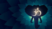 Elephant Head Silhouette On Fractal Background And Glowing Sign Om, Hinduism, Buddhism