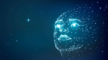 Faces of glowing blue particles, human soul in starry sky