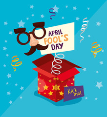 Sticker - april fools day with surprise box and crazy mask vector illustration design