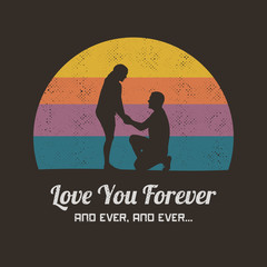 Sticker - Romantic marriage proposal. Retro illustration with silhouette of loving couple. Vector background for prints, t-shirts
