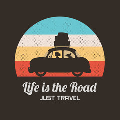 Sticker - Car on road. Retro illustration with silhouette of woman with dog in road trip. Vector background for prints, t-shirts