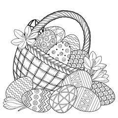 Wall Mural - Happy Easter. Black and White Doodle Easter Eggs in the basket. Coloring book for adults for relax and meditation. Vector isolated elements