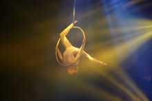 Flexible Young Woman Make Performance On Aerial Hoop, Flexible Back On Aerial Hoop, Aerial Circus Show, Yellow Light. Flexible Woman Gymnast Upside Down On Hoop. Golden Costume, Free Space