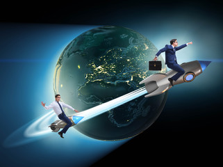 Canvas Print - Businessman on the rocket in global business concept