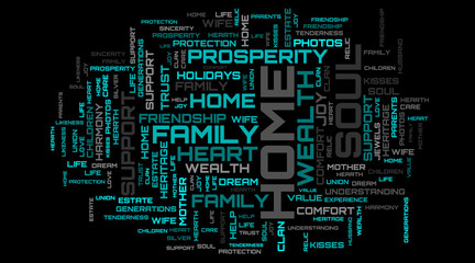 Family values turquoise modern words cloud concept