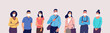 People in protective medical face masks. Man and women wearing protection from virus, urban air pollution, smog, vapor, pollutant gas emission. Vector illustration.