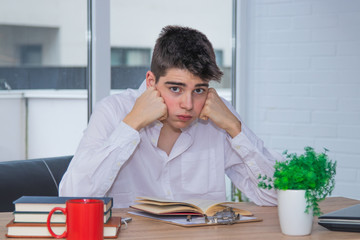 Sticker - teenage student at the desk with books studying