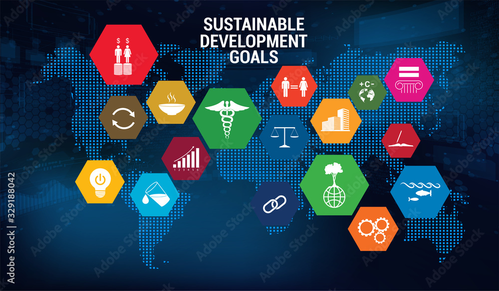 SDG - Sustainable Development Goals - Vector banner, long-term project the united nations. 17 aspects in 17 colorful icons. Sustainable Development Goals. Transformation of our world. SDG infographic - obrazy, fototapety, plakaty 