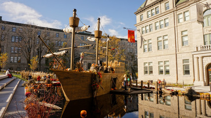 Pumpkin harvest festival during autumn on a sunny day in Quebec City, Canada.