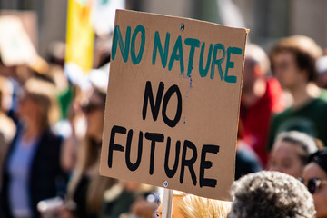 A simple and effective climate change poster is seen during a city rally, saying no nature no future, with blurry protestors in background and copy space