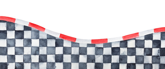 Creative waving border with black and white grungy checkered pattern and red and white stripe framing. Hand painted watercolour sketchy drawing, isolated clip art element for bright design and decor.