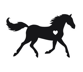 Canvas Print - Vector flat black running horse silhouette with heart isolated on white background